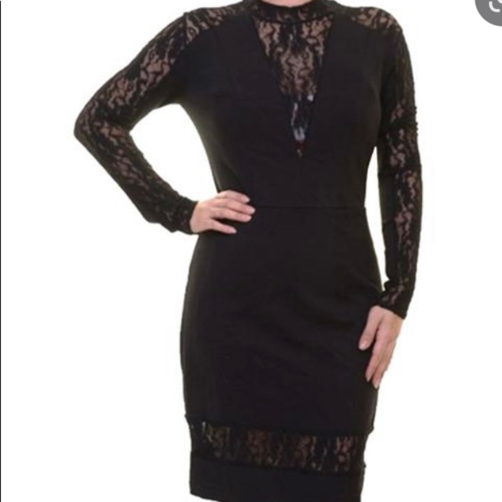RACHEL ROY: Long Sleeve Lace Inset Bodycon Cocktail Dress - Black, Extra Small